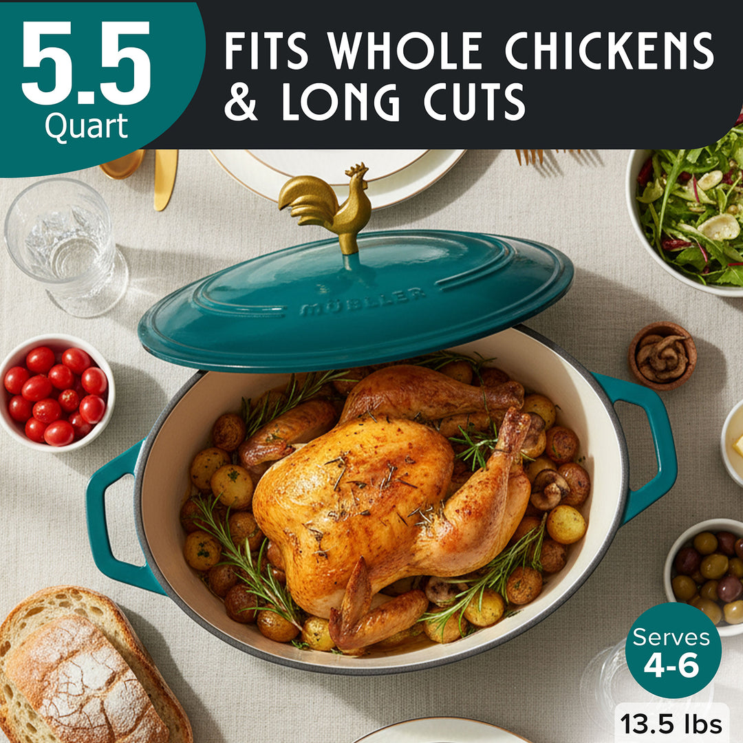 Emerald Dutch Oven  with roasted chicken and vegetables on a table setting, labeled for capacity 13.5 lbs/ 5.5 QT and servings. (4.6 servings )
