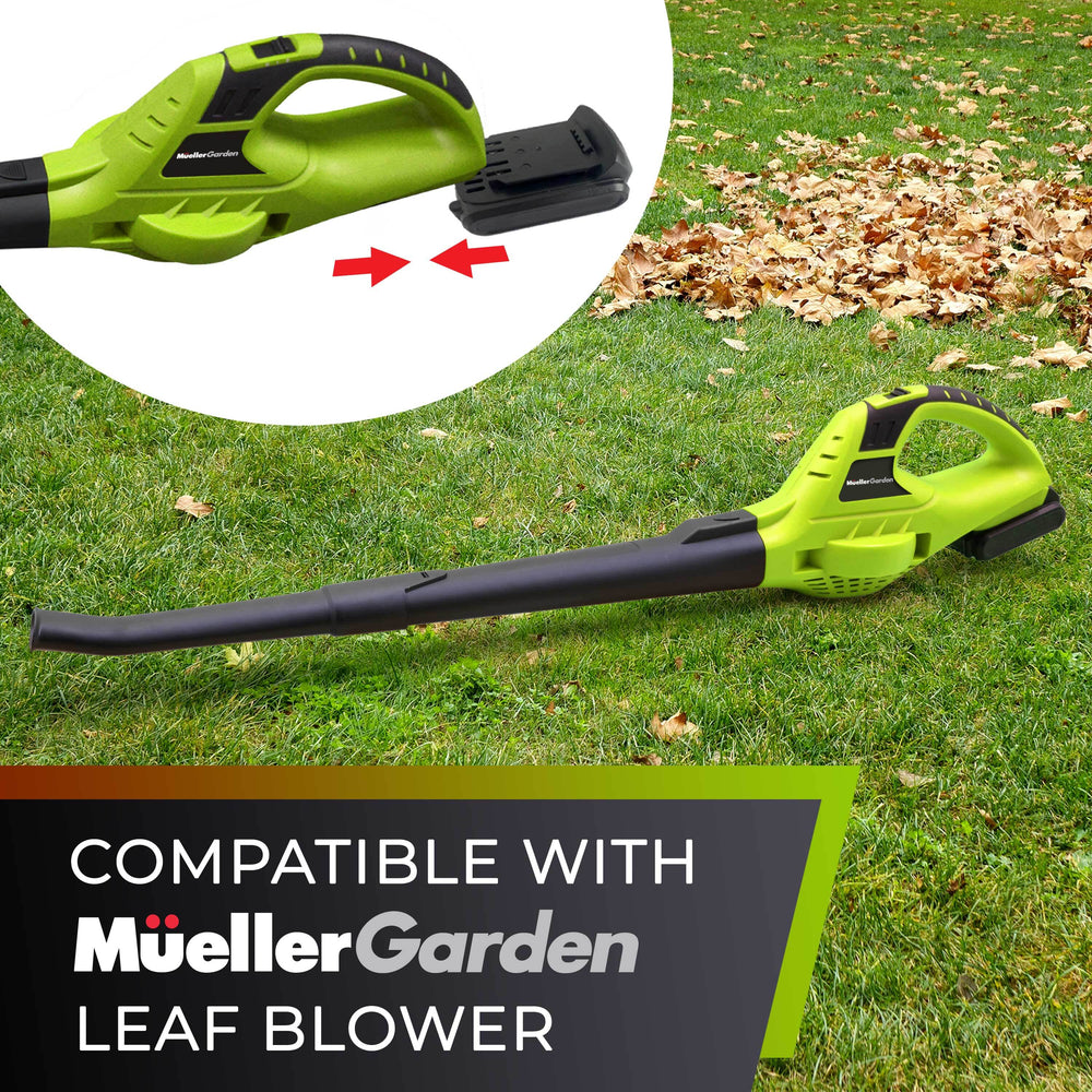 Green and black leaf blower on grass with inset showing attachments, labeled 'compatible with Mueller Garden leaf blower'.