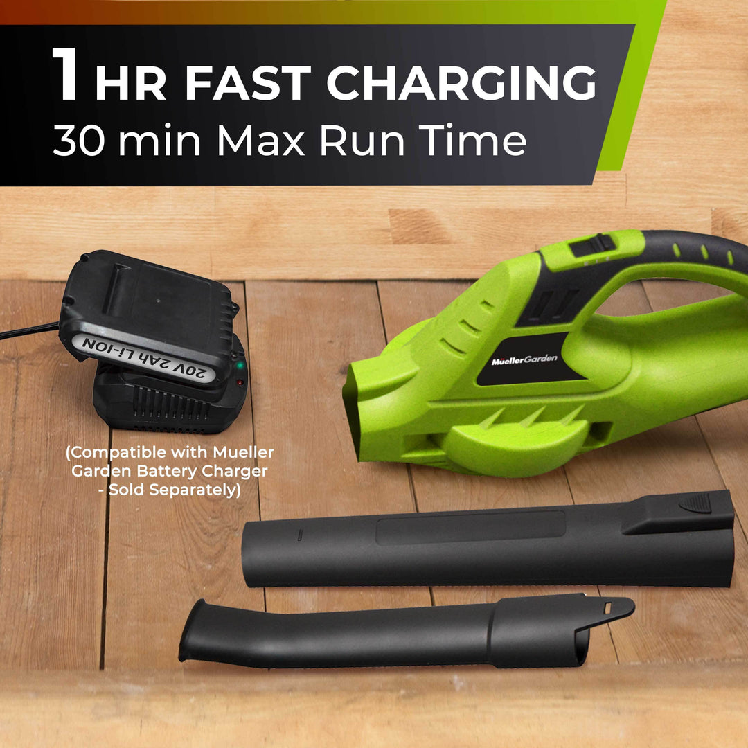 Green power tool with black battery and attachments on a wooden surface, highlighting  1 HR fast charging and 30 min Max run time.