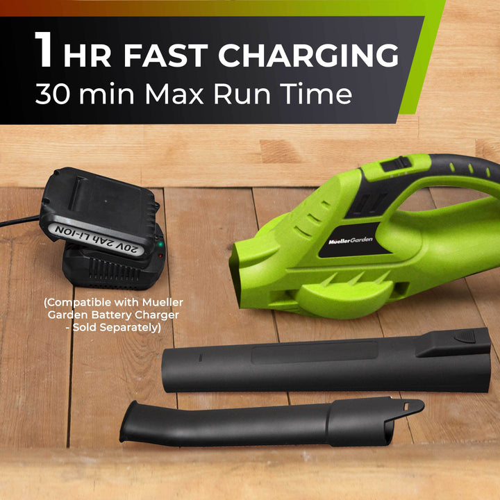 Green power tool with black battery and attachments on a wooden surface, highlighting  1 HR fast charging and 30 min Max run time.