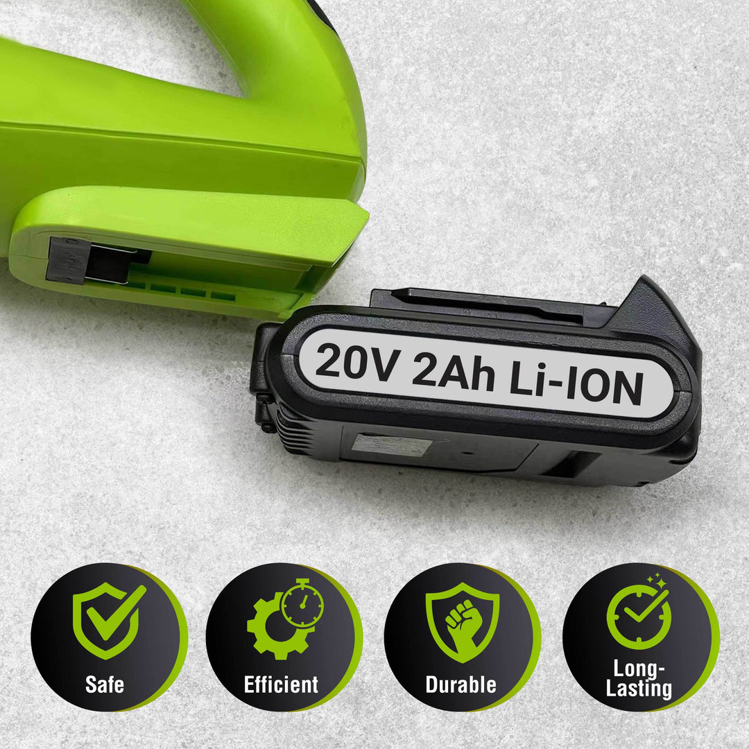 Green power tool with a black battery labeled '20V 2Ah Li-ION' on a white background.