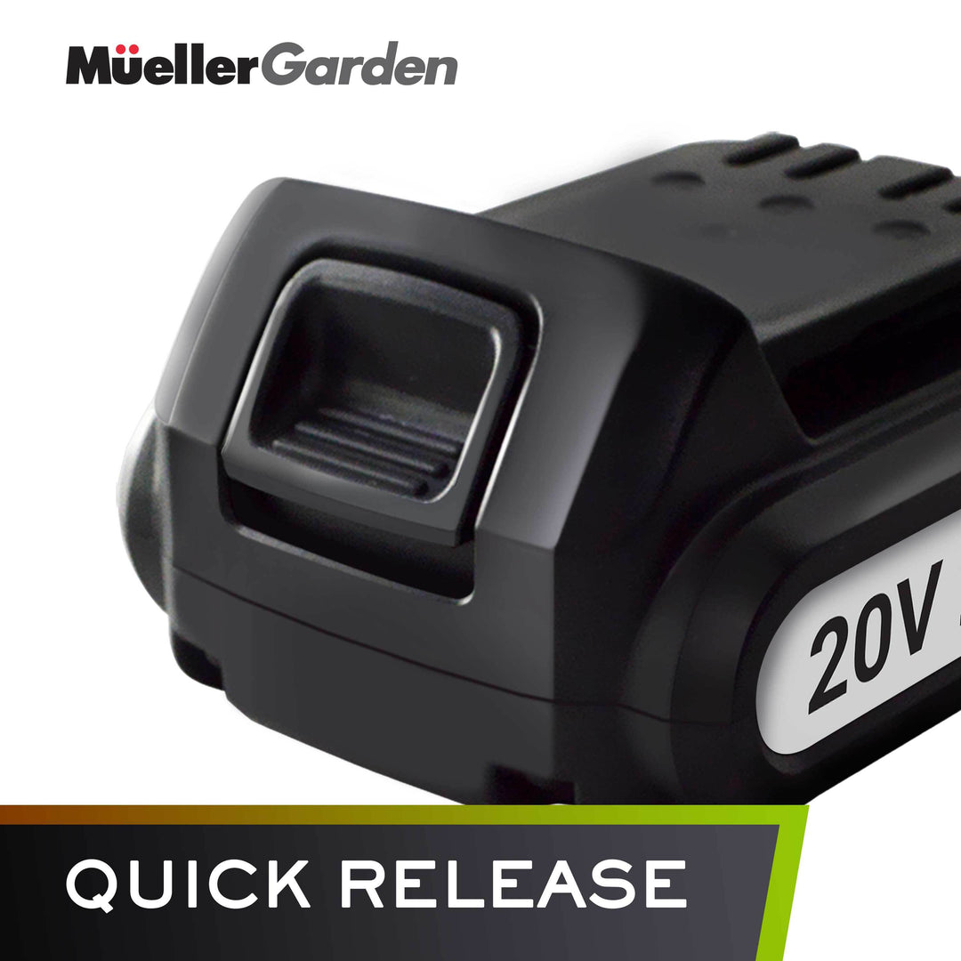 Black battery pack with '20V' label and 'Mueller Garden' branding on a white background, saying Quick Release