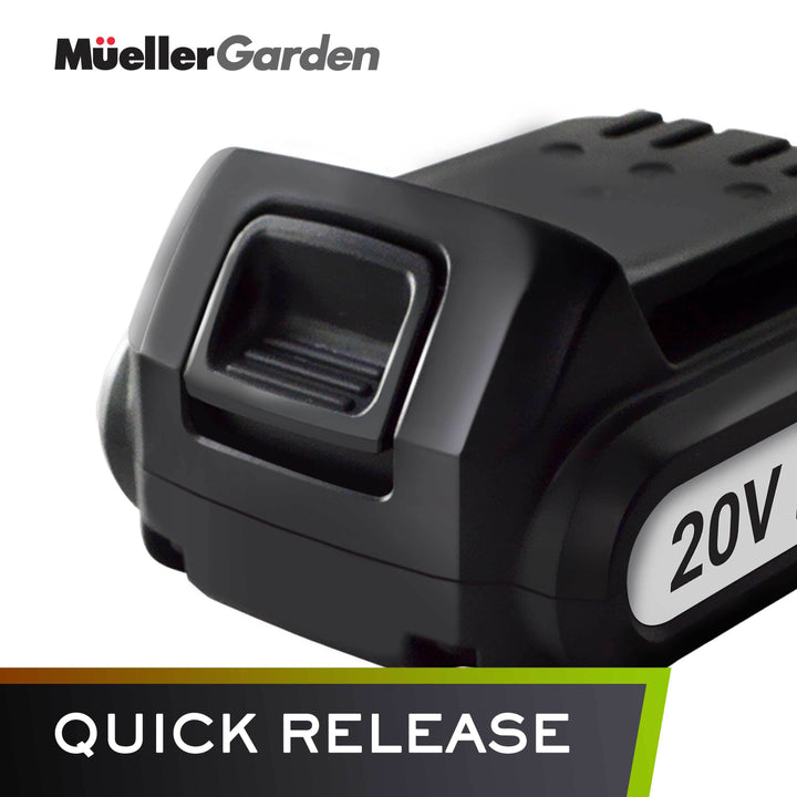 Black battery pack with '20V' label and 'Mueller Garden' branding on a white background, saying Quick Release