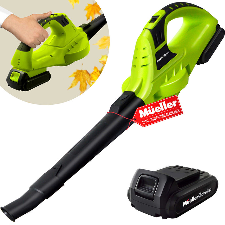 Green and black leaf blower with battery pack on a white background, featuring the Mueller brand.