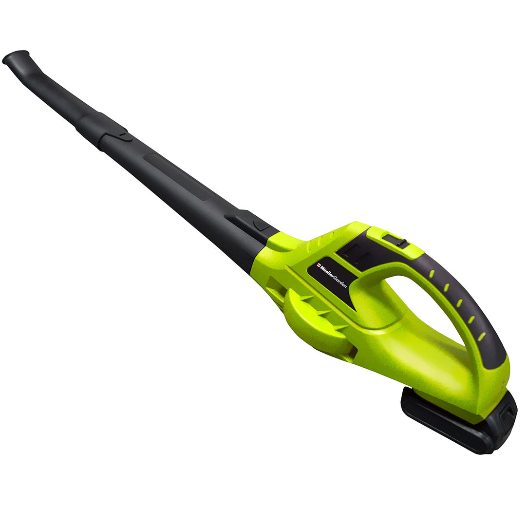 Green and black leaf blower on a white background