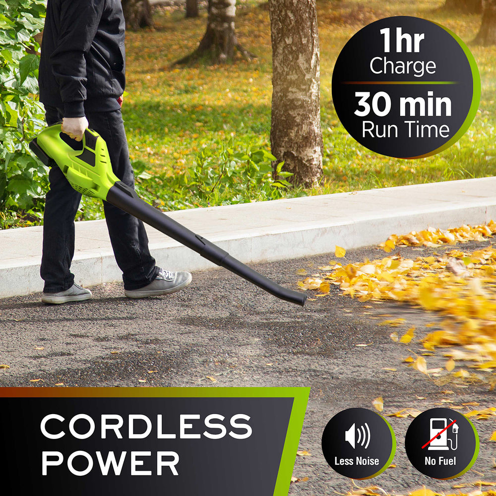 Person using a cordless leaf blower to clear leaves on a driveway with text highlighting charging time and features.