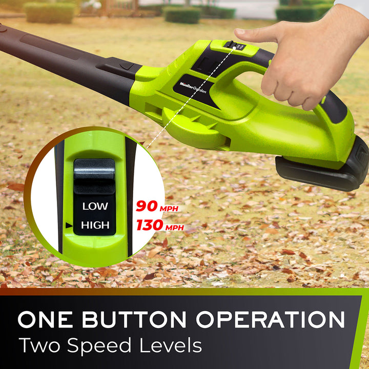 Green leaf blower with two speed levels on a grassy background