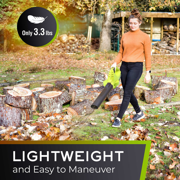 Person using a leaf blower in an outdoor setting with text highlighting weight and ease of use.