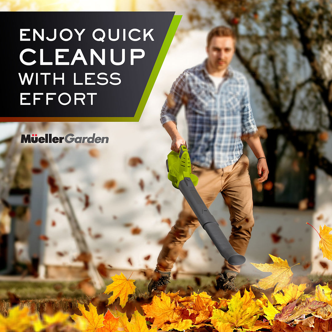Man using a leaf blower with text 'Enjoy quick cleanup with less effort' and 'Mueller ' branding.