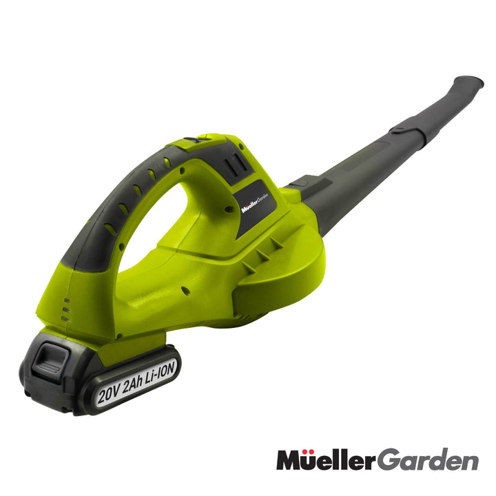 Green and black cordless leaf blower with 'Mueller Garden' branding on a white background