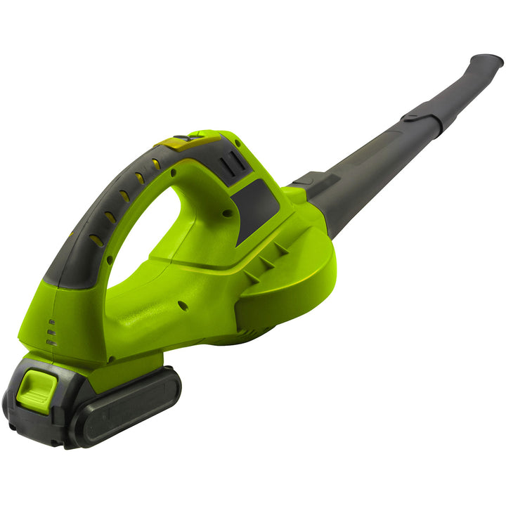 Green and black leaf blower on a white background