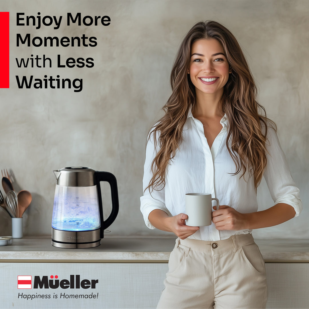 Woman holding a mug with a Mueller kettle on a kitchen counter, text 'Enjoy More Moments with Less Waiting'.