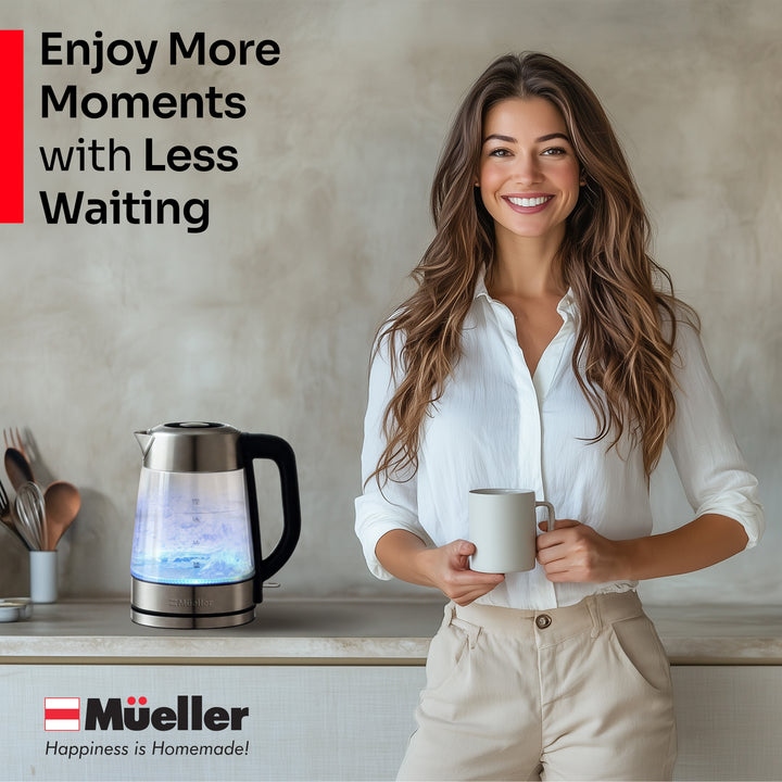 Woman holding a mug with a Mueller kettle on a kitchen counter, text 'Enjoy More Moments with Less Waiting'.