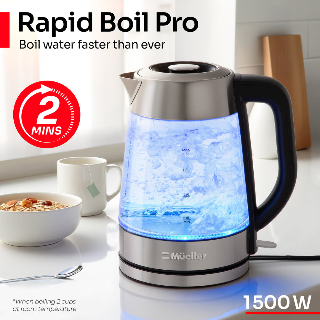 Rapid Boil Pro electric kettle with blue light on a kitchen counter.
