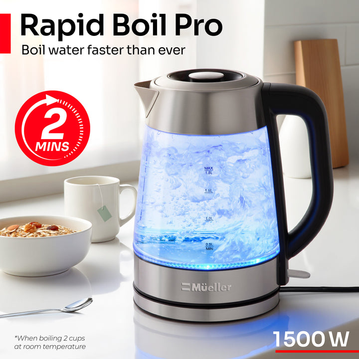 Rapid Boil Pro electric kettle with blue light on a kitchen counter.