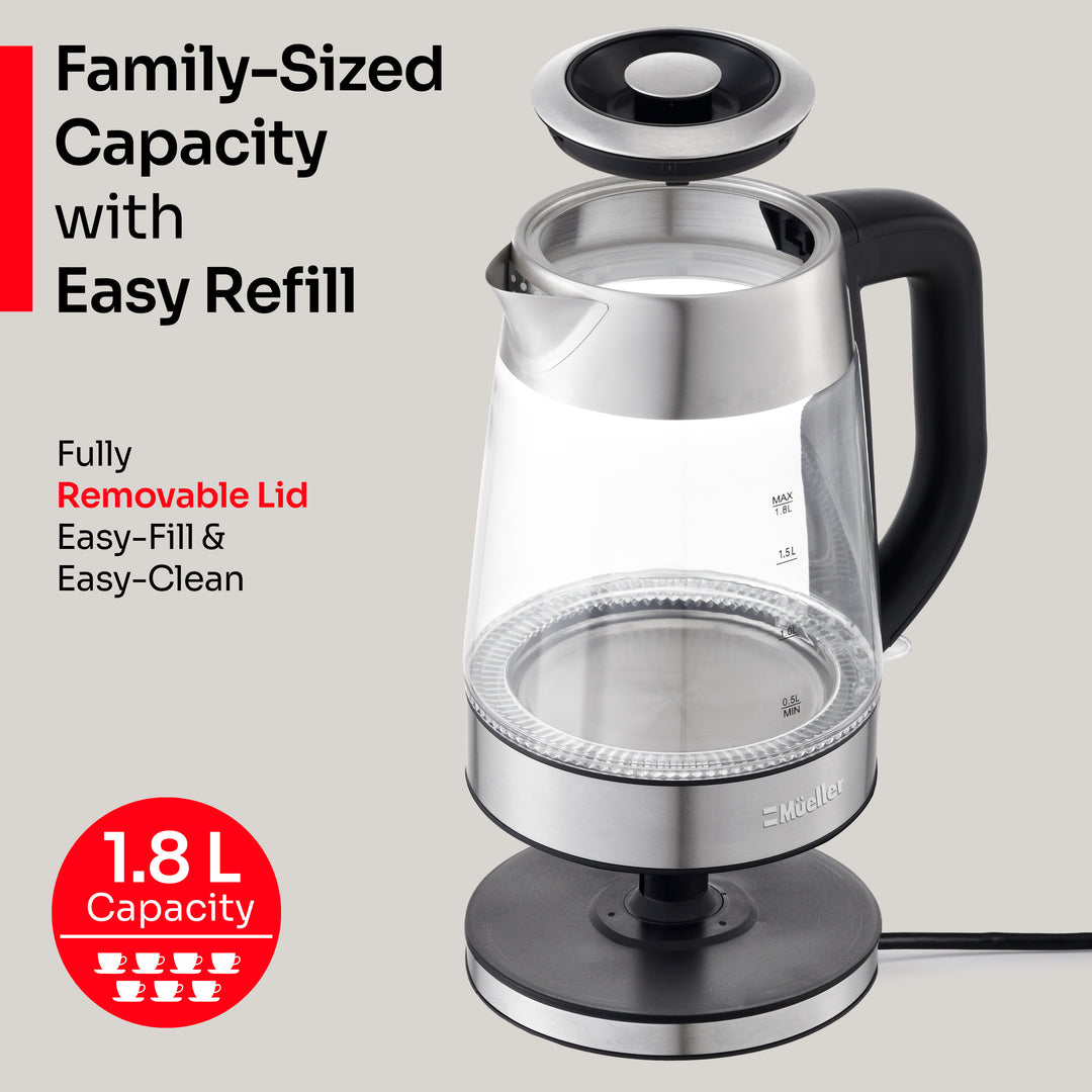 Mueller-Glass-electric-kettle-tea with black handle and removable lid on a light gray background, featuring text about capacity and features.