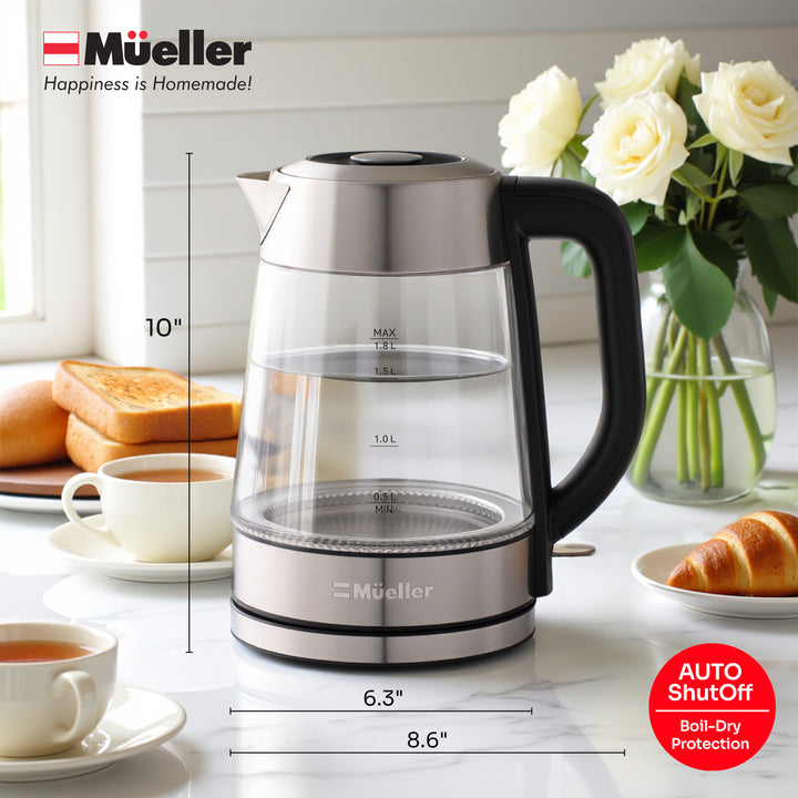 Mueller electric kettle with dimensions on a breakfast table setting
