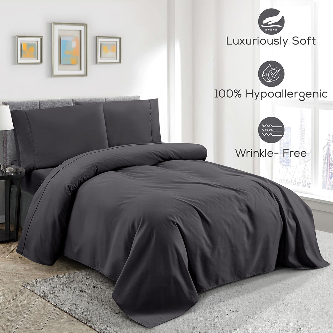 Dark gray bedding set on a bed in a bedroom with features highlighted.