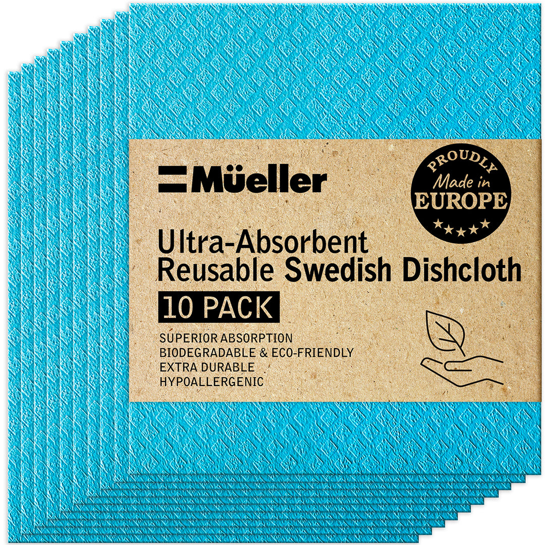 Pack of blue Swedish dishcloths with a brown label featuring the brand 'Mueller'.