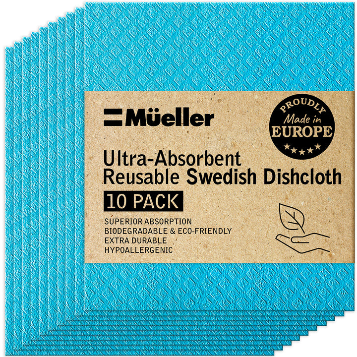Pack of blue Swedish dishcloths with a brown label featuring the brand 'Mueller'.
