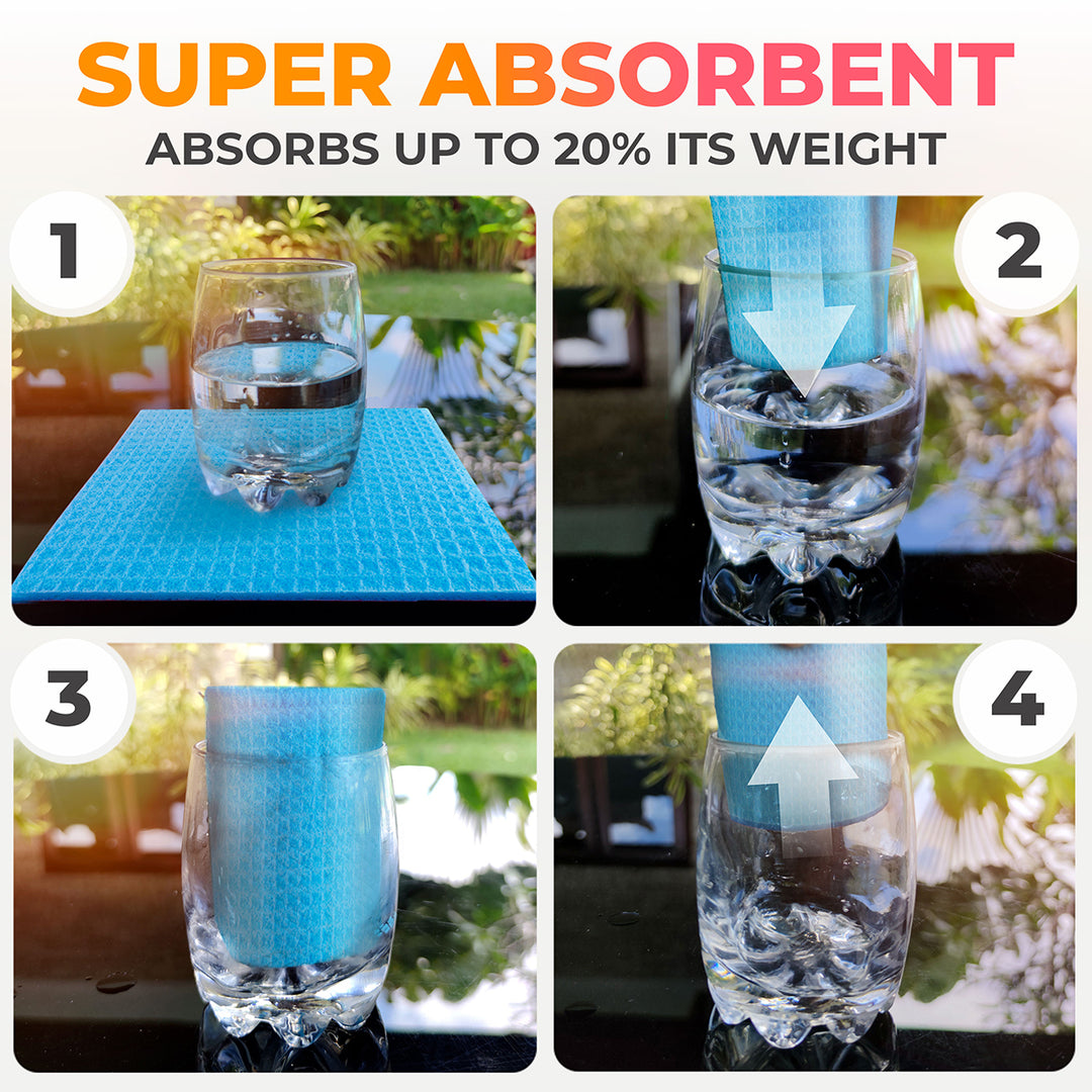 Collage of a super absorbent Mueller  dishcloth absorbing water from a glass, with text indicating it absorbs up to 20% of its weight.