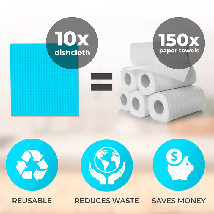 Reusable dishcloth compared to paper towels with sustainability benefits on a light background