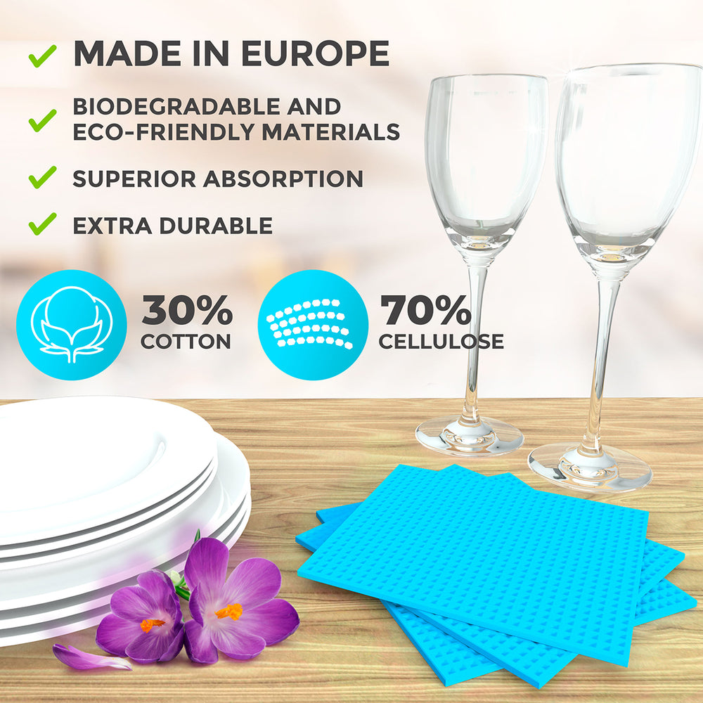 Mueller 10 pack dishcloth set blue with wine glasses and plates on a wooden table, highlighting eco-friendly materials and durability.