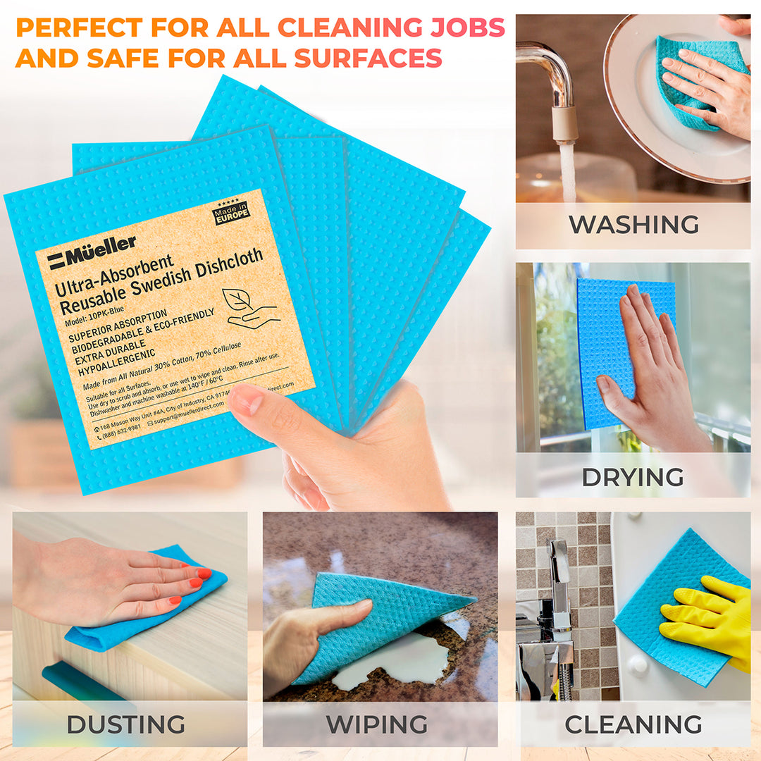 Blue dishcloth with packaging and usage examples for cleaning tasks.