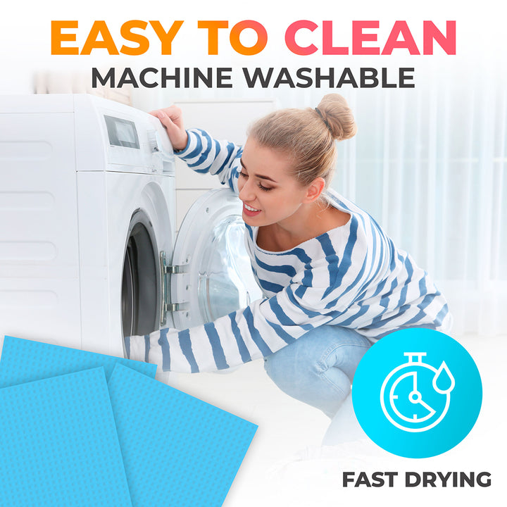 Woman interacting with a washing machine with text about machine washability and fast drying for Mueller 10 pack dishcloth set blue