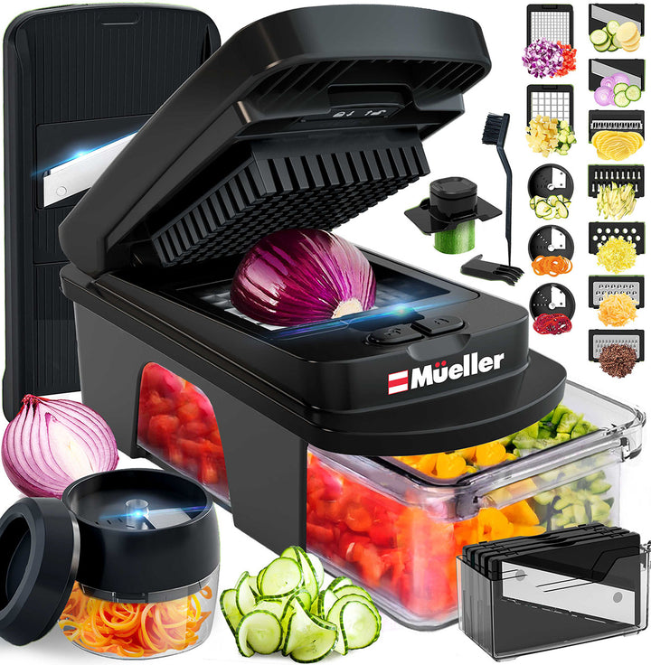 Mueller_12_Blade_Vegetable_Chopper_all black with sliced vegetables and attachments on a white background