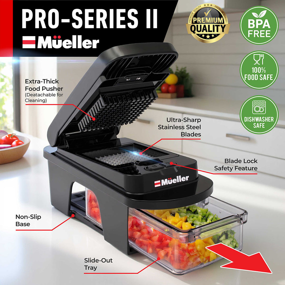 Mueller_12_Blade_Vegetable_Chopper_all black with features highlighted on a kitchen counter.