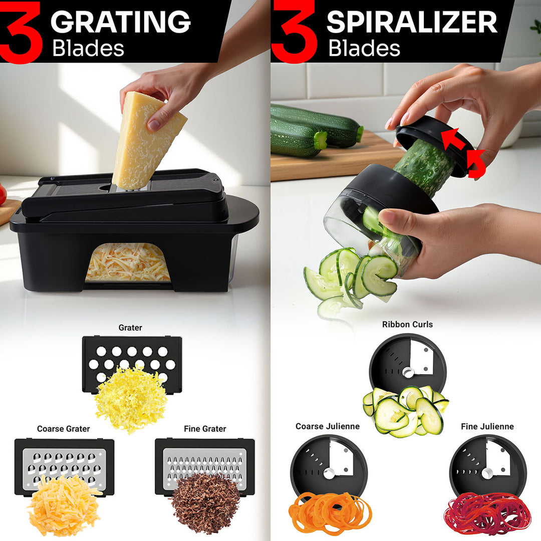 Mueller_12_Blade_Vegetable_Chopper_all black grater and spiralizer with grating and spiralizing capabilities, showing different settings and food items.