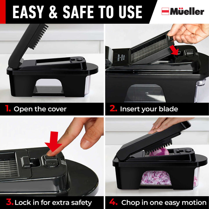 Step-by-step guide on how to use a Mueller_12_Blade_Vegetable_Chopper_all black accessories 