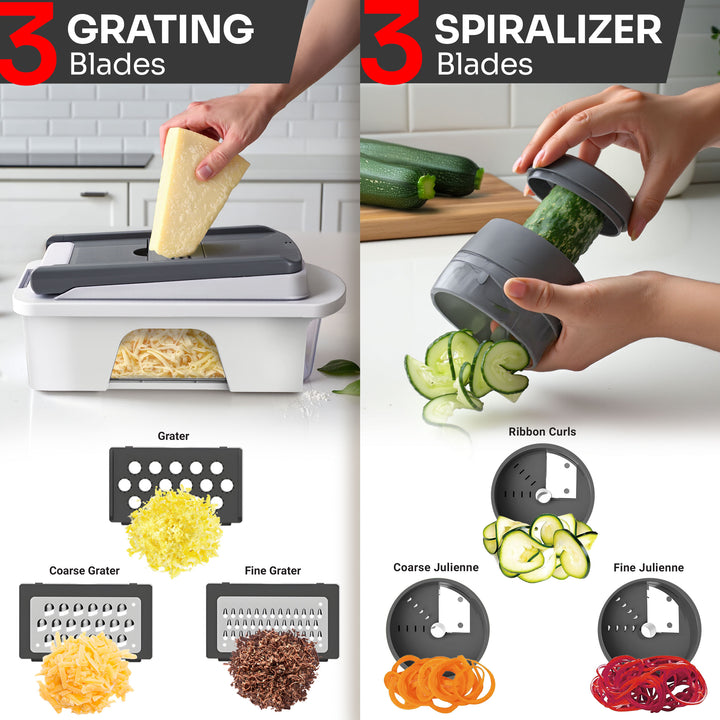 Mueller_12_Blade_Vegetable_Chopper_white/gray grater and spiralizer Veggie spiralizer with grating and spiralizing functions, showing different settings.