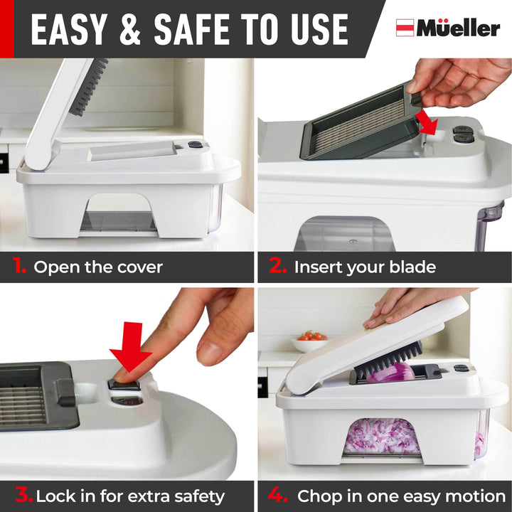 Instructions for using a Mueller_12_Blade_Vegetable_Chopper_white/gray  with images of assembly and use.
