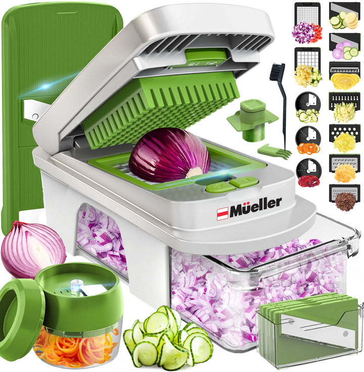 Mueller_12_Blade_Vegetable_Chopper_white/green with various attachments and sliced vegetables displayed around it, featuring the brand 'Mueller'.
