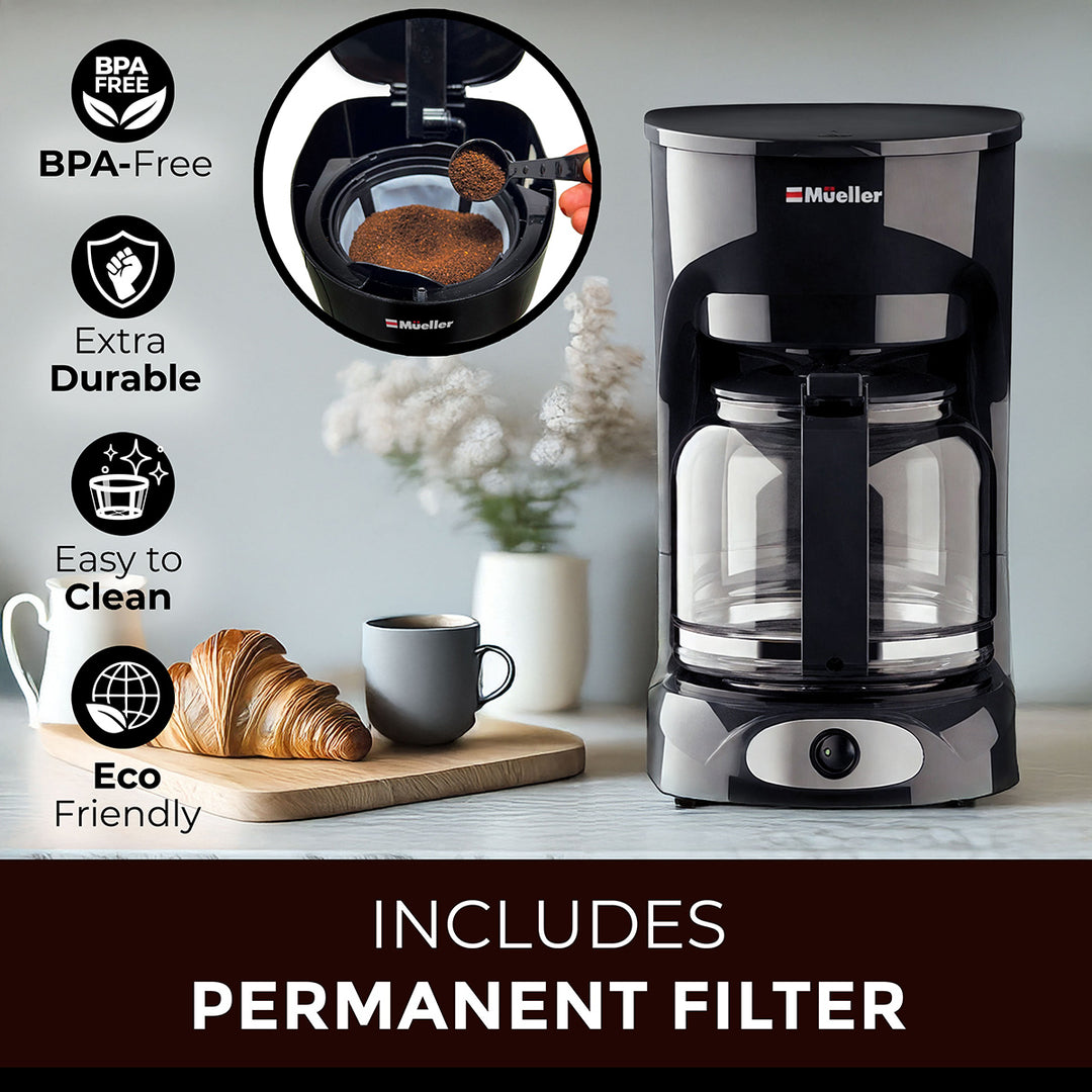 Coffee maker with features listed on a kitchen counter, includes permanent filter