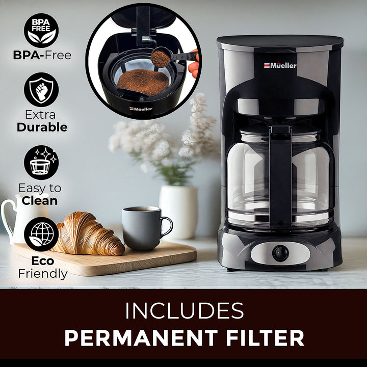 Coffee maker with features listed on a kitchen counter, includes permanent filter