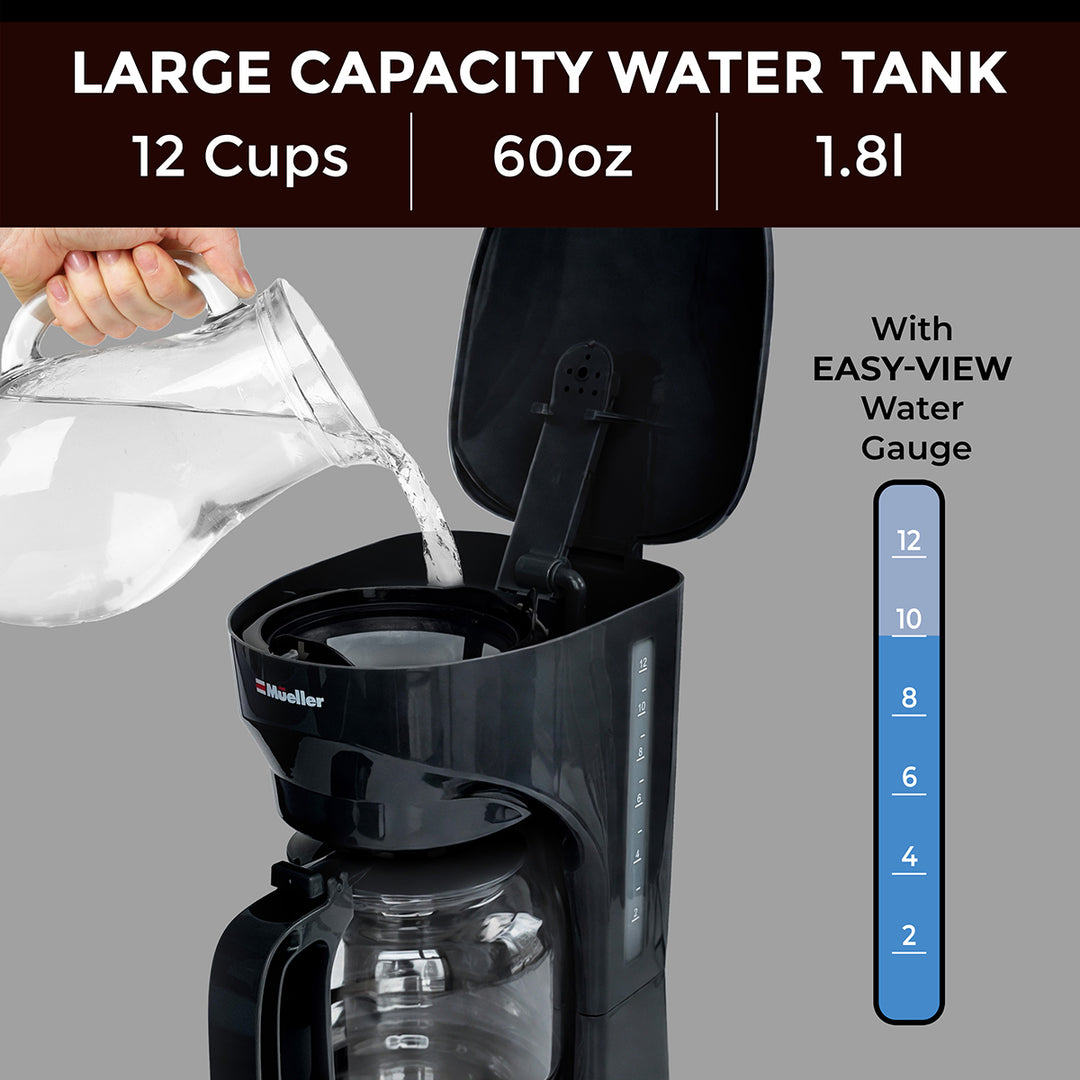 Mueller 12 CUP Drip Coffee Maker black with large capacity water tank being filled, showing measurement details, 12 cups, 60oz, 1.8l