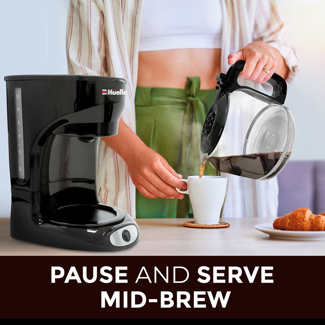 Mueller 12 CUP Drip Coffee Maker black with person pouring coffee into a cup, Muelle brand visible