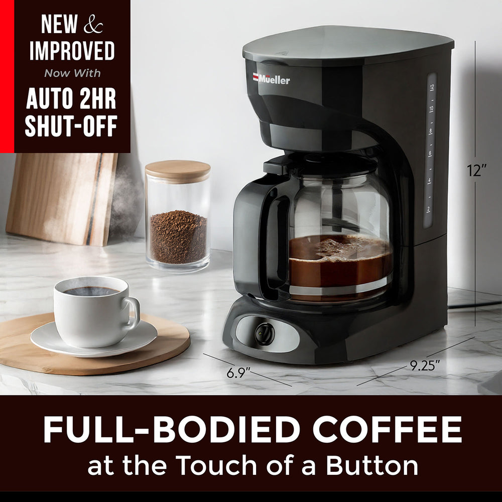 Mueller 12 CUP Drip Coffee Maker black with a cup of coffee on a white surface, featuring text about auto shut-off feature.