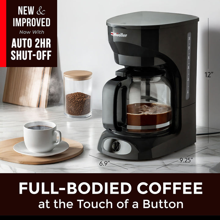 Mueller 12 CUP Drip Coffee Maker black with a cup of coffee on a white surface, featuring text about auto shut-off feature.