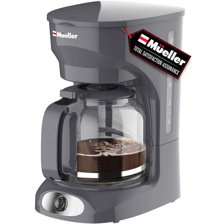 Mueller 12 CUP Drip Coffee Maker gray with a glass carafe on a white background
