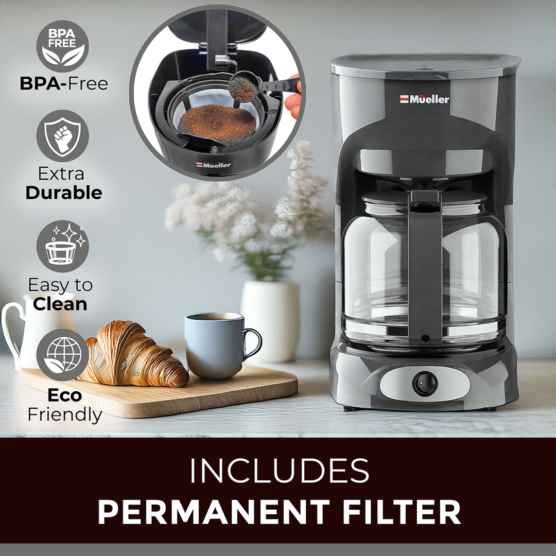 Mueller 12 CUP Drip Coffee Maker gray with features highlighted on a kitchen counter