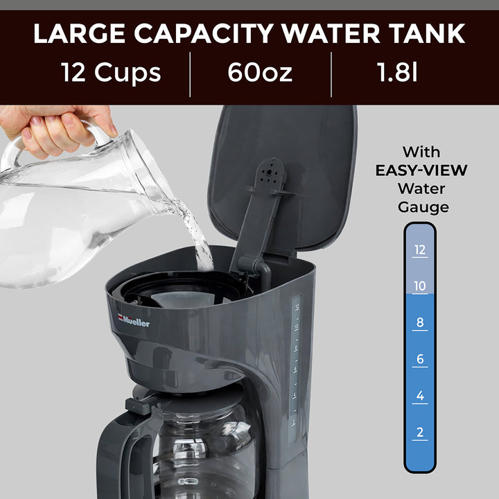 Mueller 12 CUP Drip Coffee Maker gray with large capacity water tank being filled, showing measurement details.
