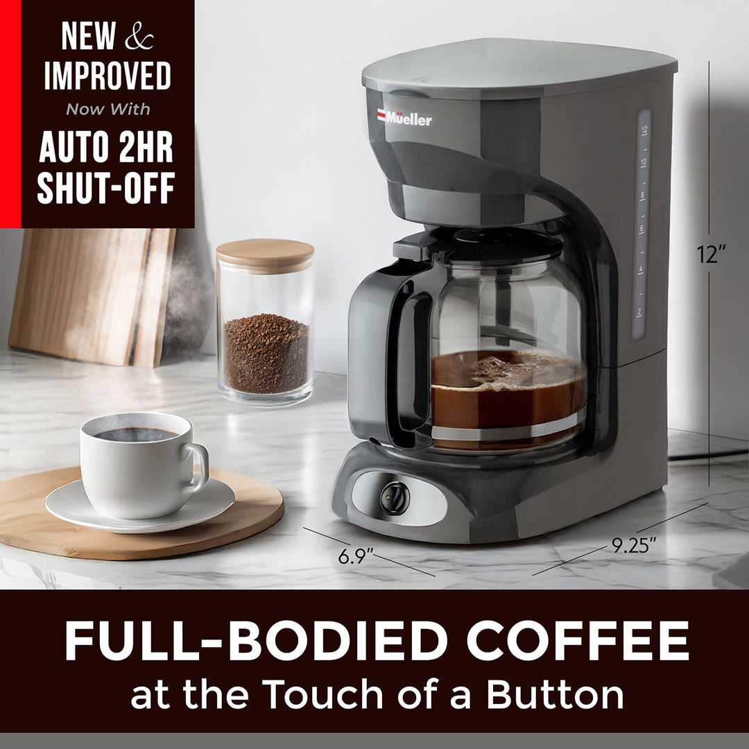 Mueller 12 CUP Drip Coffee Maker gray with a cup of coffee on a table, featuring text about auto shut-off and full-bodied coffee.