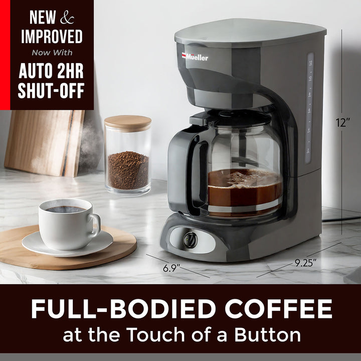 Mueller 12 CUP Drip Coffee Maker gray with a cup of coffee on a table, featuring text about auto shut-off and full-bodied coffee.