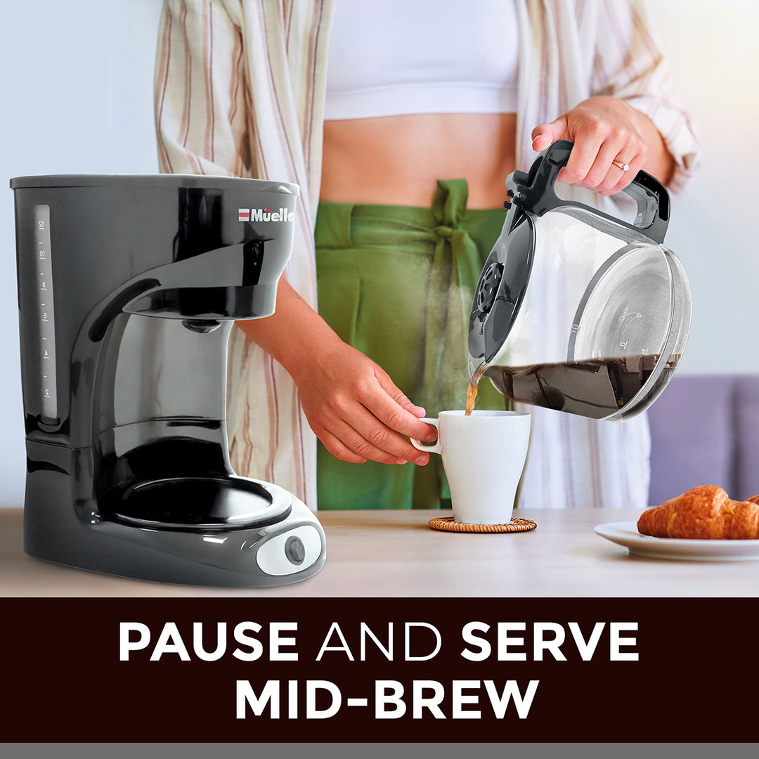 Person pouring coffee from a Mueller coffee maker into a cup with text 'Pause and Serve Mid-Brew'.