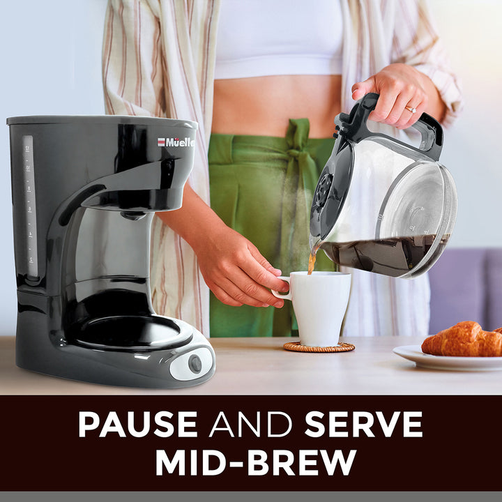 Person pouring coffee from a Mueller coffee maker into a cup with text 'Pause and Serve Mid-Brew'.
