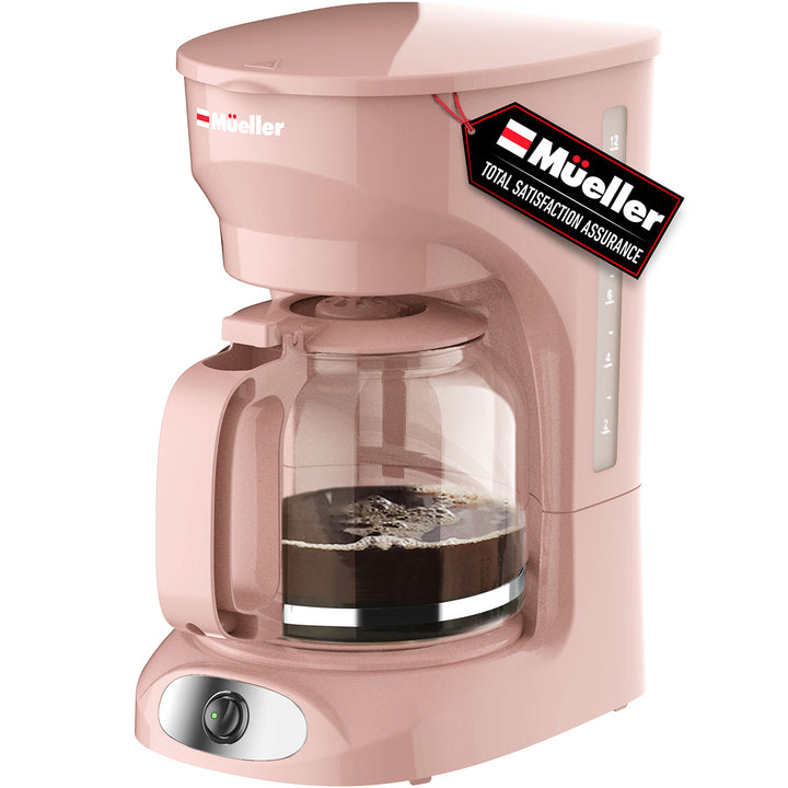 Mueller 12 CUP Drip Coffee Maker pink with glass carafe on a white background, featuring the Mueller brand.
